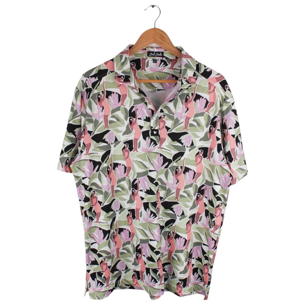 Bad Birdie Golf Polo Shirt Tropical Hula Girl Print Green Pink Men's Size XL